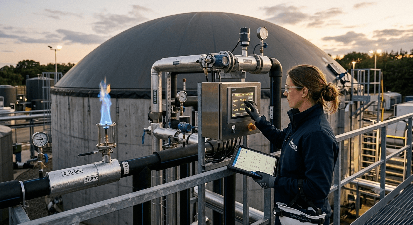 Biogas engineers inspecting and discussing an energy system