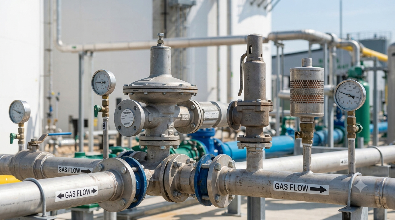 Biogas valves regulators and safety devices